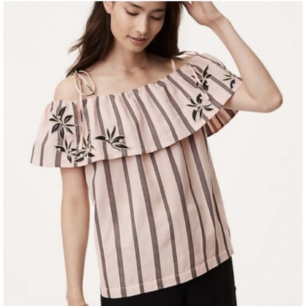 LOFT Peach Black Stripe Embroidered Flower Ruffle Off Shoulder Top Size-M